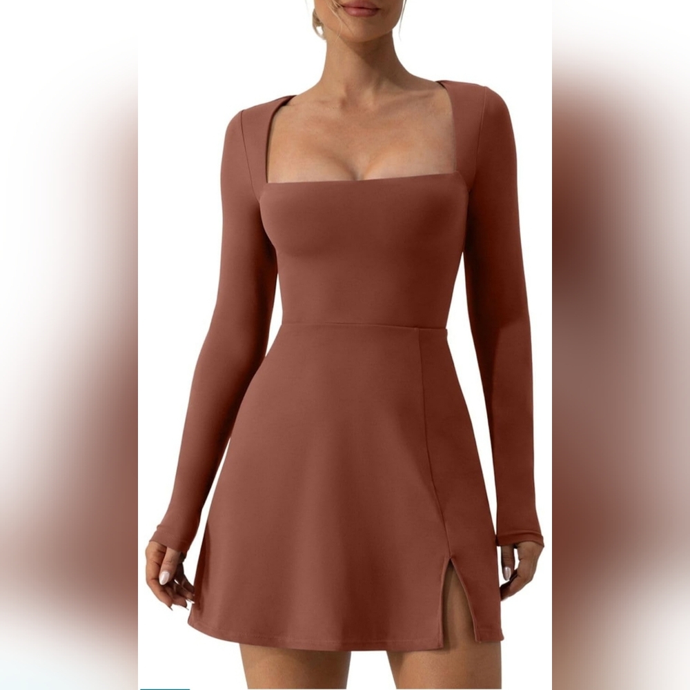 Square Neck Long Sleeve A-Line Dress in Rust